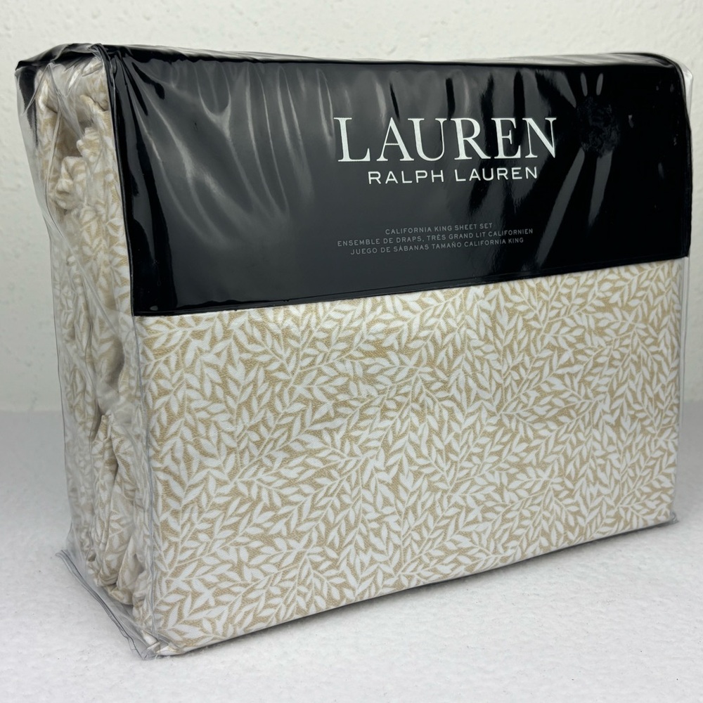 Ralph Lauren CALIFORNIA KING Spencer Leaf Sateen Sheet Set 100% Cotton CLA Tan